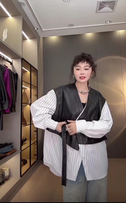 欧货纯皮马甲两件套春季新款条纹衬衫女韩版设计感百搭上衣23318