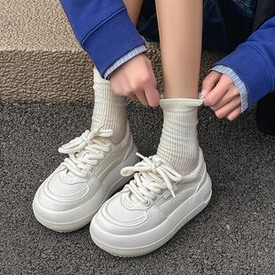 小白鞋女2026新款真皮百搭厚底丑萌小个子增高休闲大头板鞋面包鞋