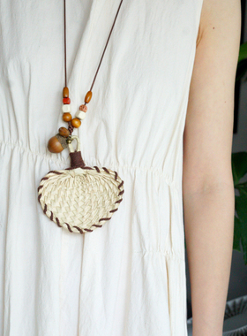 原创夏季自然系松果迷你手工草编扇挂脖项链 小扇子团扇装饰挂件