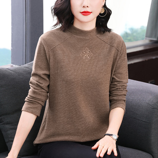 双面绒保暖打底衫 早春长袖 显瘦中老年女装 刺绣内搭大码 t恤衫