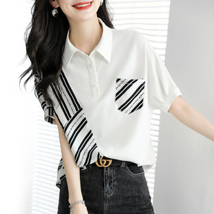 休闲显瘦百搭条纹拼接polo领雪纺衬衫 轻熟风衬衣夏季 气质短袖 时尚