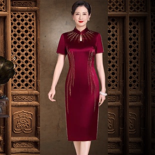 高端喜婆婆婚宴装醋酸旗袍2024新款夏洋气妈妈参加结婚礼服连衣裙