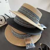 波西米亚民族风平顶草帽女夏季 防晒遮阳帽出游海边度假细草辫礼帽