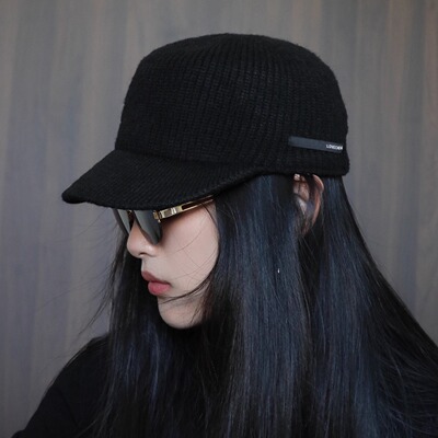 定制款~ 秋冬加厚毛线版 黑色针织短檐弯檐马术帽女士平顶骑士帽