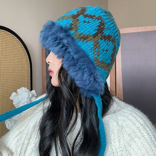 2025新款真兔毛帽子女冬加厚保暖毛线帽民族风毛绒防寒护耳雷锋帽