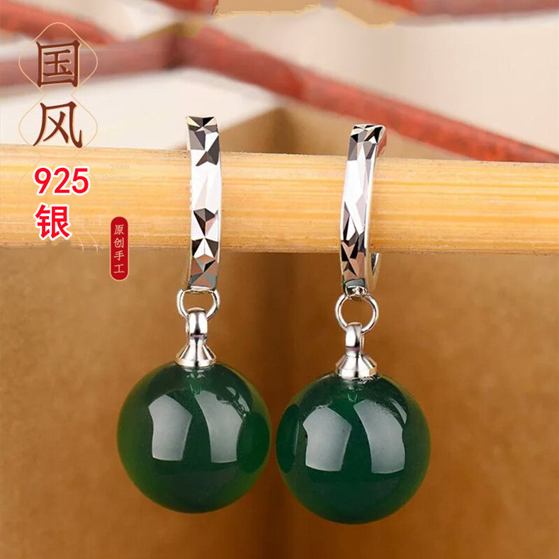 纯银新中式绿色玛瑙玉髓复古耳坠图片