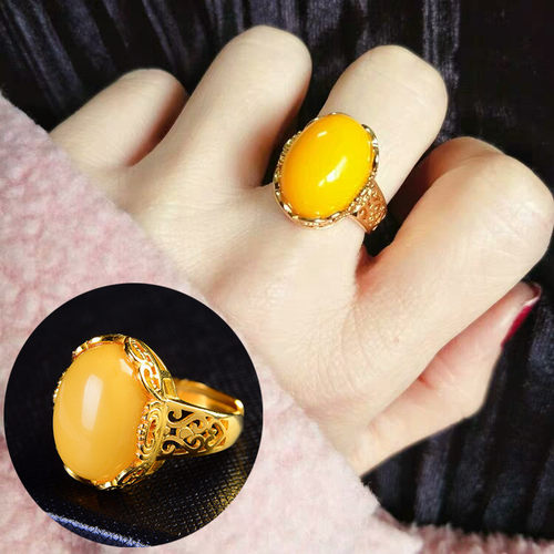 金色仿蜜蜡戒指可调节女士