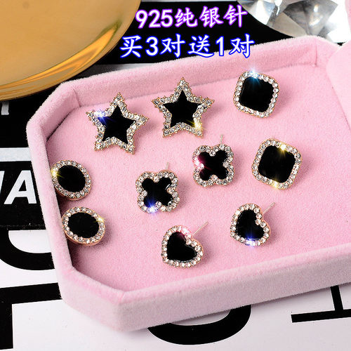 简约闪钻黑色小耳钉女四叶草时尚