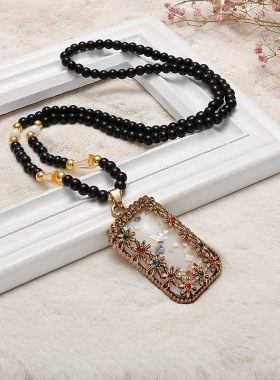 黑色贝壳花纹长款女毛衣链项链