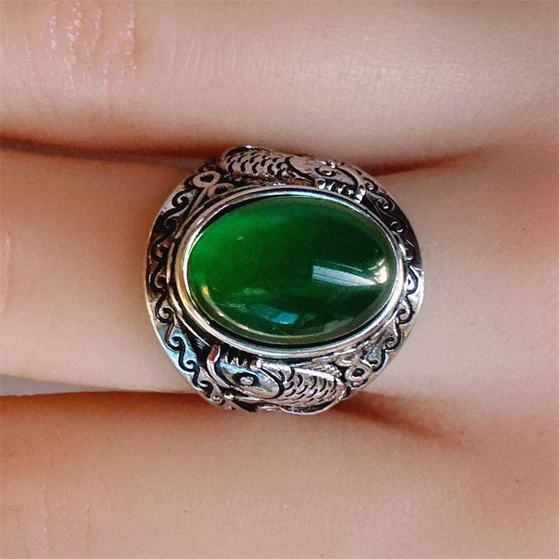 开口宝石绿色男女轻奢高级感小众设计食指戒指环个性复古霸气时尚