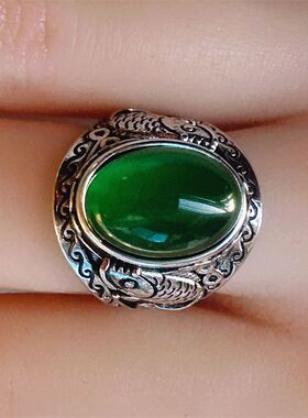 开口宝石绿色男女轻奢高级感小众设计食指戒指环个性复古霸气时尚