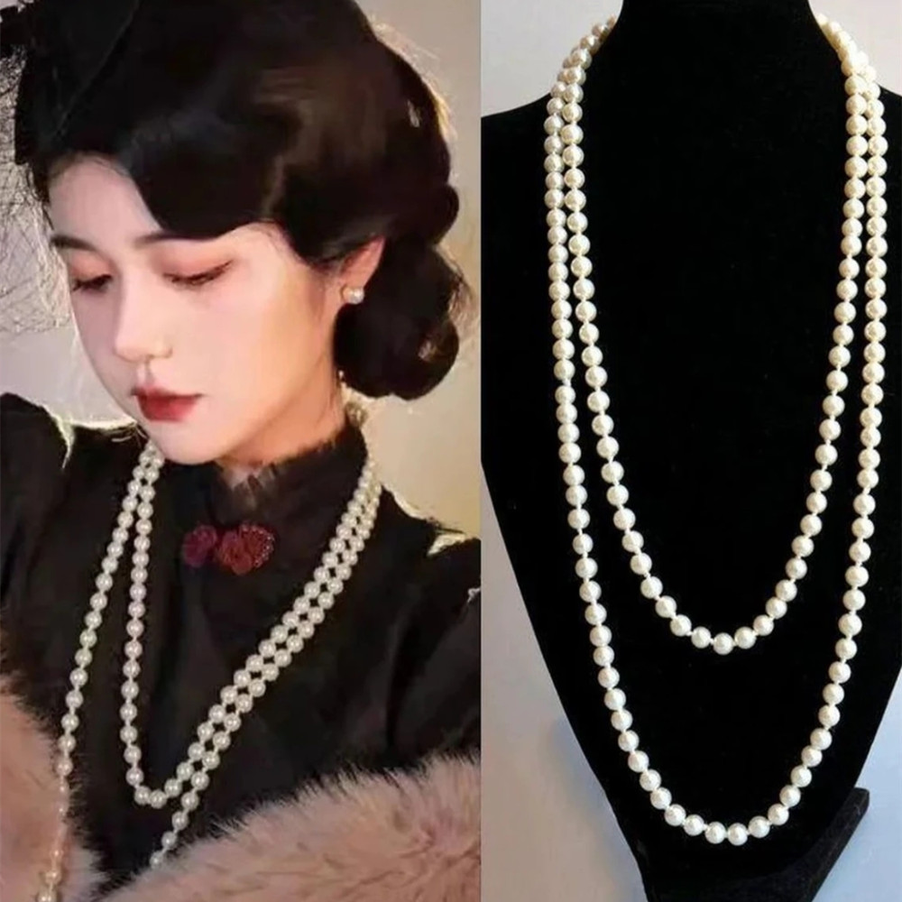 项链女长款轻奢高级感多层黑白色复古珍珠毛衣链女毛衣链配饰叠戴