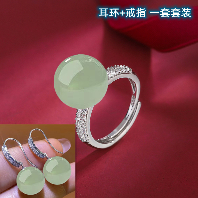 纯银和田玉石耳环食指戒指环碧玉套装新中式清冷复古风轻奢高级感