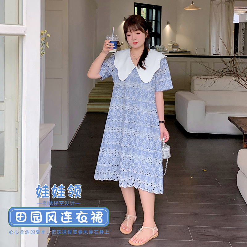 镂空连衣裙双天2025年夏季新款胖MM大码女装娃娃领刺绣女中学生