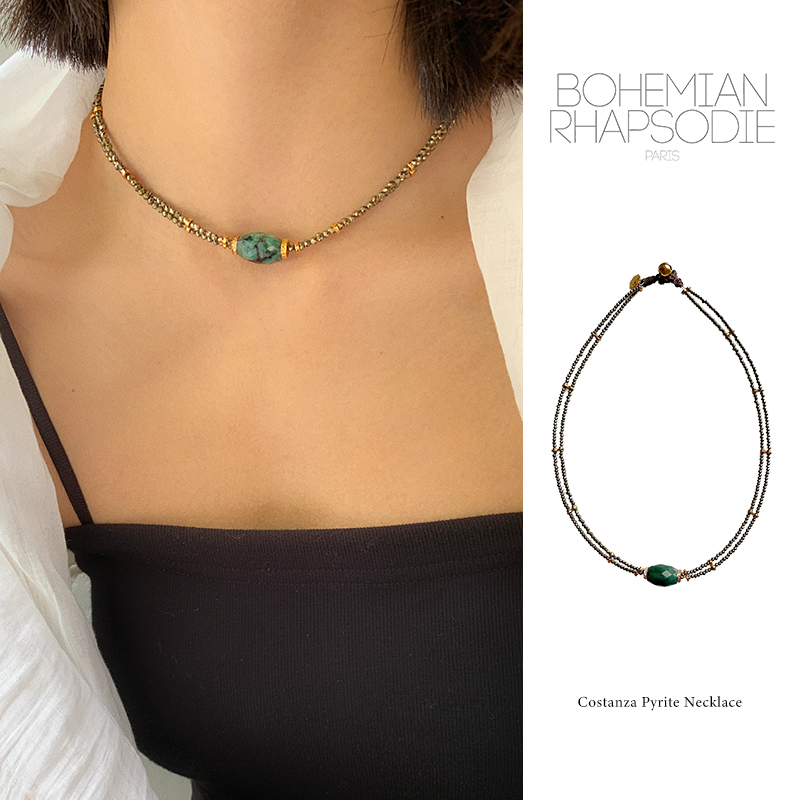 法国Bohemian Rhapsodie波西米亚风绿松黄铁矿项链天然半宝石欧美