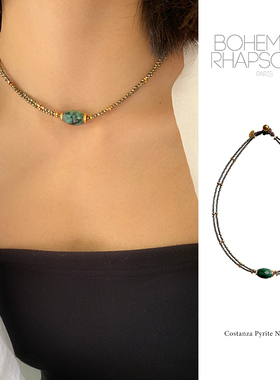 法国Bohemian Rhapsodie波西米亚风绿松黄铁矿项链天然半宝石欧美