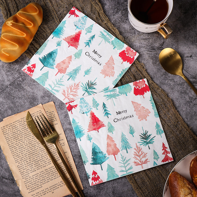 彩色印刷圣诞树 印花纸巾 餐巾架 圣诞派对餐桌装饰用纸20张