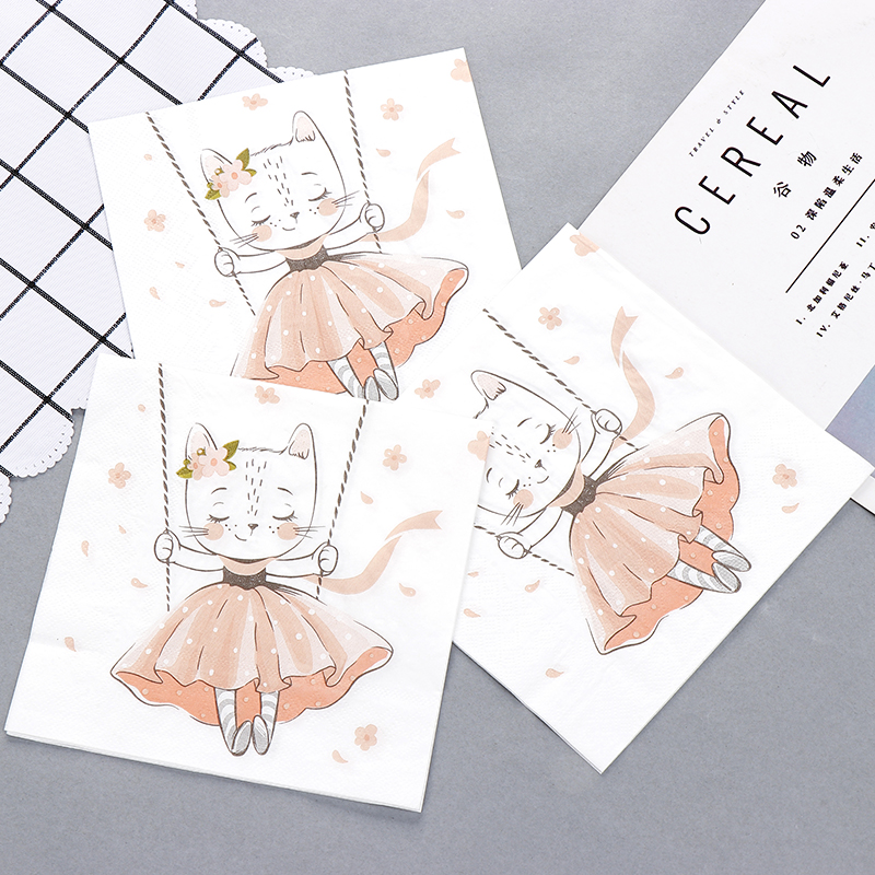 新款猫咪印花纸巾 卡通生日派对彩色餐巾纸 个性装扮用纸