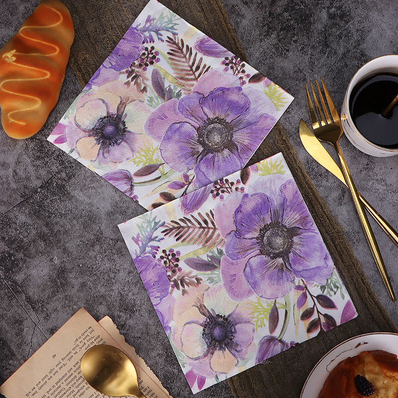 新款紫色花朵系婚礼彩色餐巾纸 印花纸巾 婚庆布置装饰用品20张