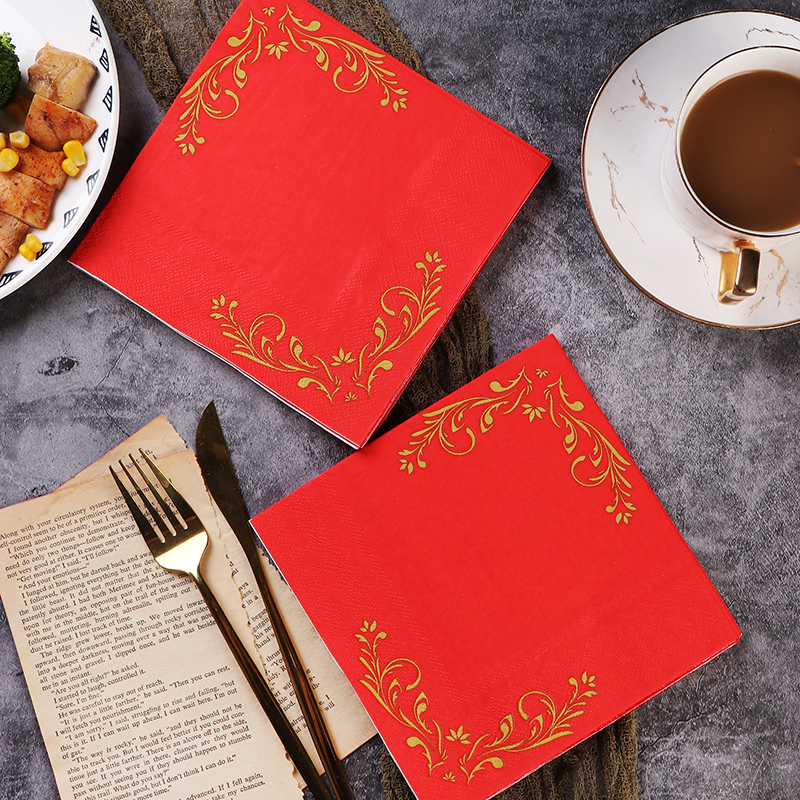 中式红色彩色餐巾纸印花纸巾婚礼酒杯插花纸摆台装饰20张纯木浆纸