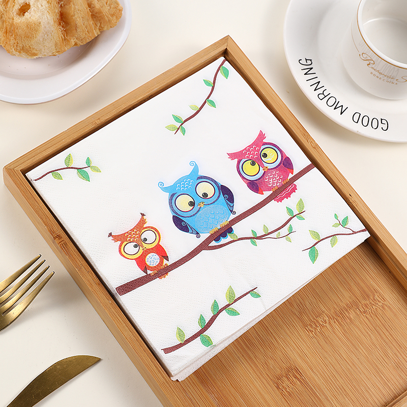 新款猫头鹰卡通彩色餐巾纸 印花纸巾 西餐厅酒店咖啡厅纯木浆纸