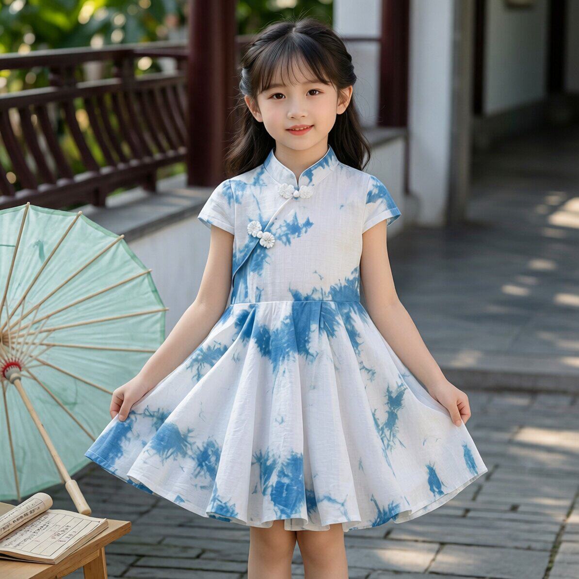 扎染连衣裙女童改良汉服白裙夏季童装古装云南手工植物扎染公主裙