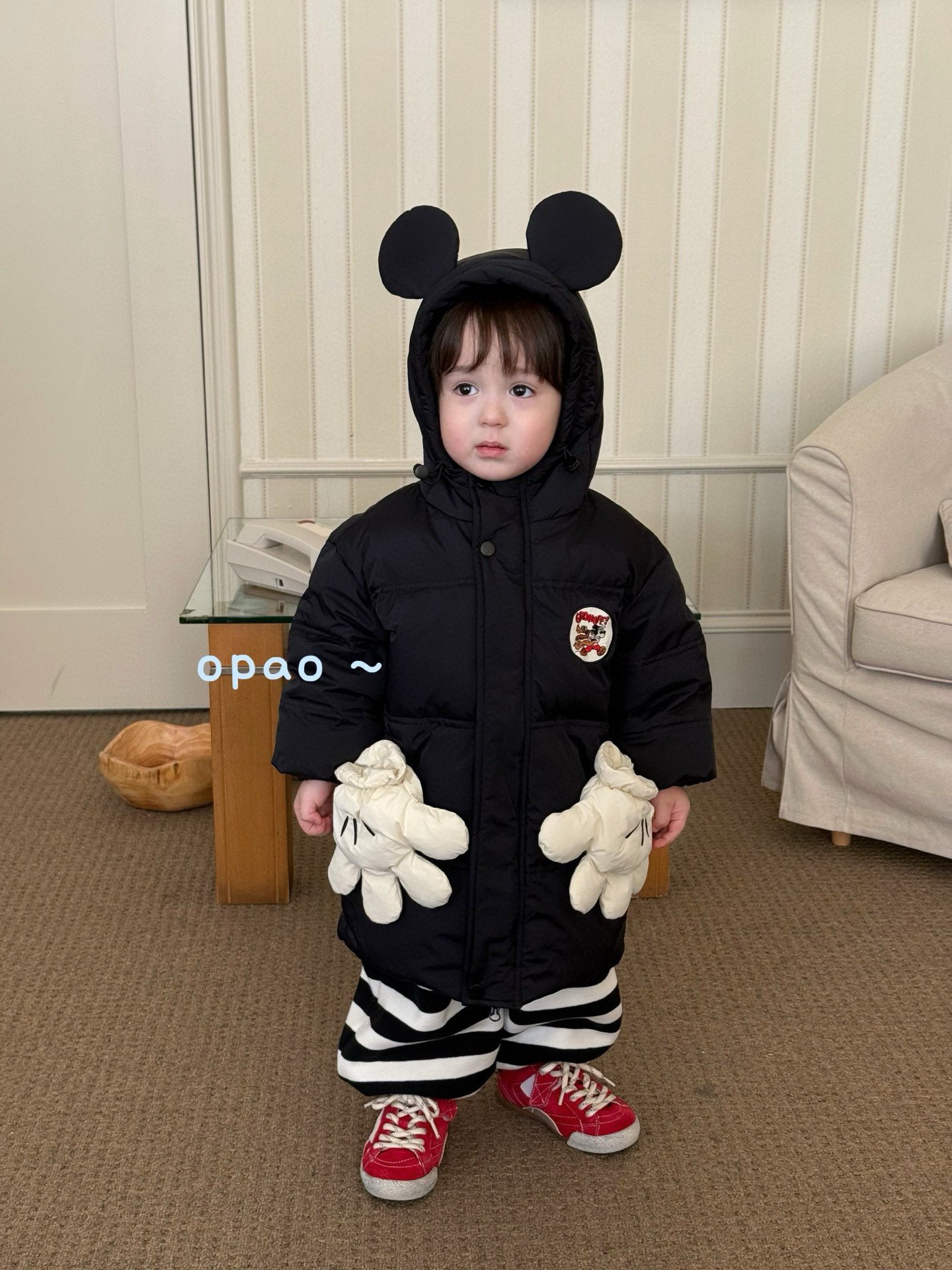 Opao 2025新款羽绒服韩版中长款 加厚连帽羽绒服手套可拆卸