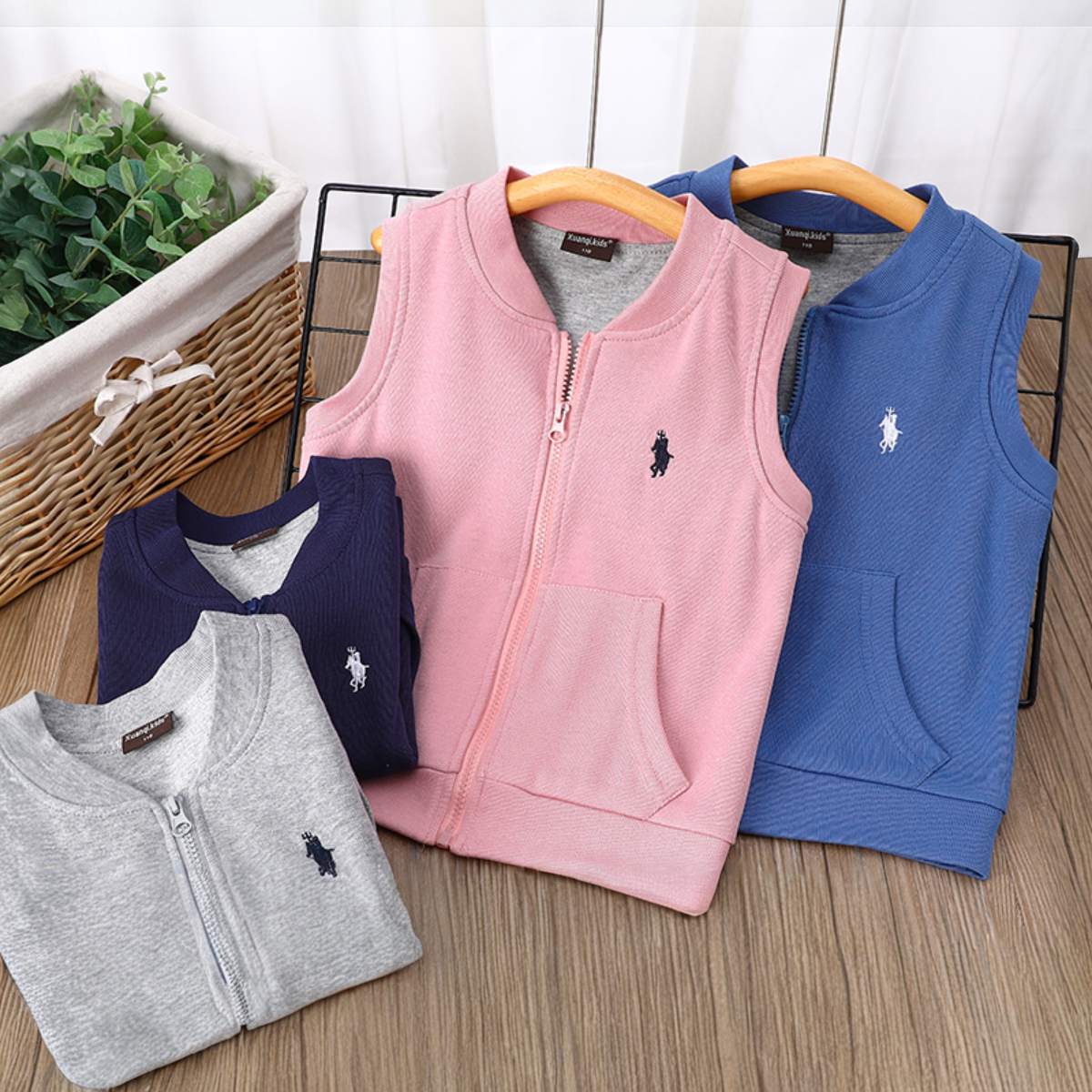 儿童中大童纯棉双层无帽马甲男女孩春秋款纯色双层坎肩休闲背心潮