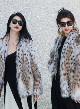 进口睡袍领短超半白斑点珍藏级斑点皮草女士外套高奢翻领冬季lynx