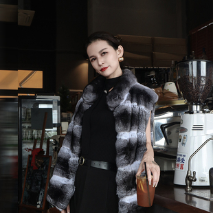 进口龙猫马甲皮草立领横排排头工艺裘皮整南美栗鼠青紫蓝貂皮背心