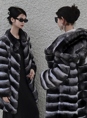 进口南美栗鼠皮草外套立领带帽黑丝绒xxxd中长款龙猫青紫蓝大衣