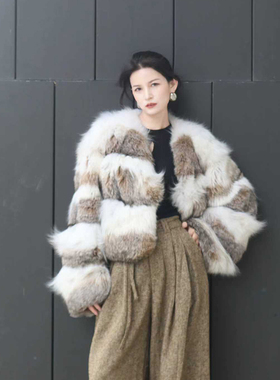 进口加拿大猞猁山猫V领小短款皮草裘皮外套高级时尚显高贵气