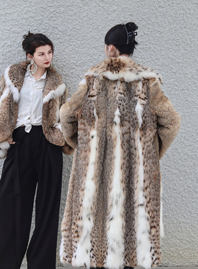 进口美国斑点猫皮草外套青果领短长竖排裘皮大衣lynx豹纹冬季气质