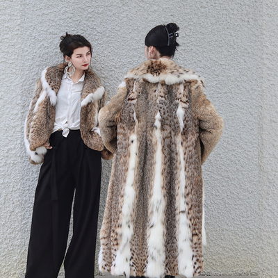 进口美国斑点猫皮草外套青果领短长竖排裘皮大衣lynx豹纹冬季气质