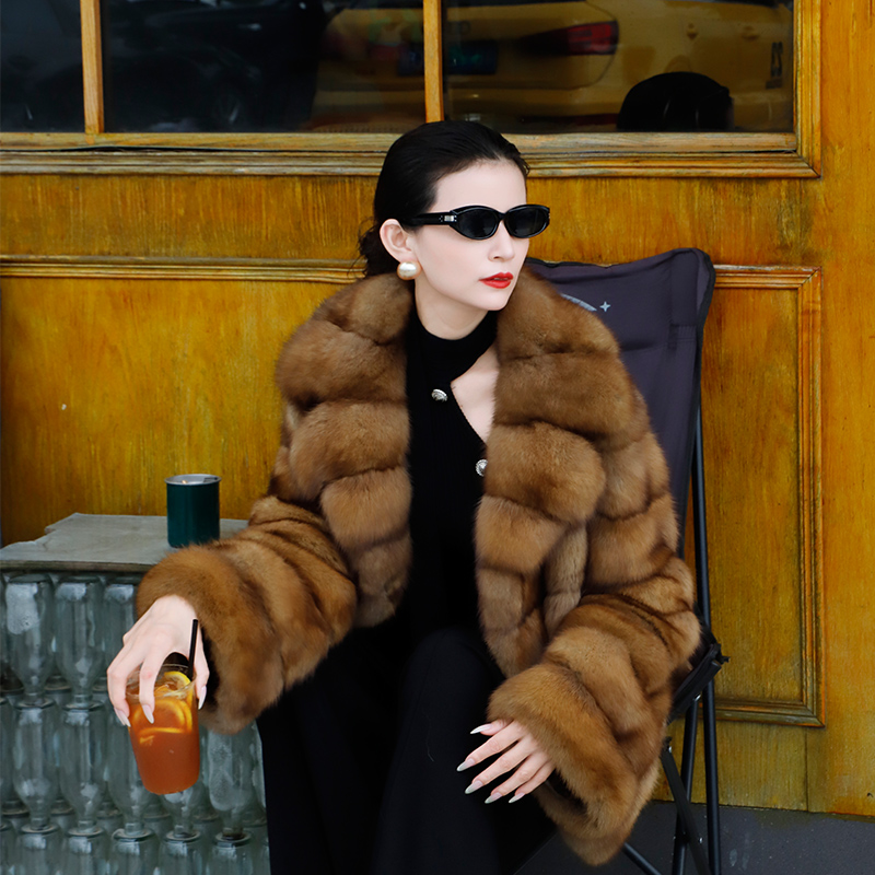 进口加拿大西装领短款紫貂皮草外套西装领横排黄金貂裘皮大衣貂皮