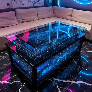 ktv茶几发光钢化玻璃酒吧台专用新款双层黑色不锈钢沙发桌子现货