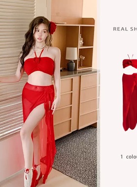 梨形身材天菜 比基尼泳衣女2025新款显白红色三件套性感长裙度假