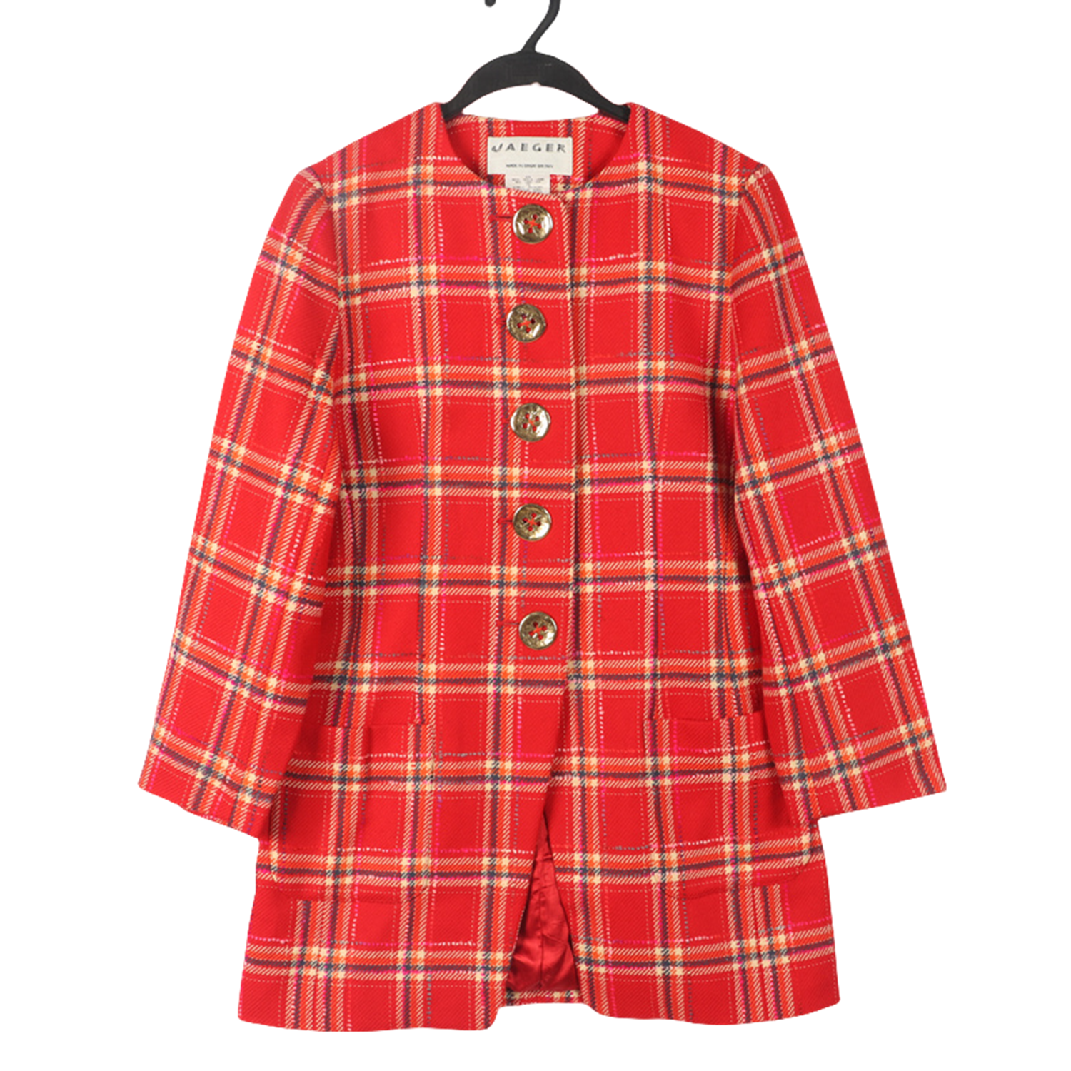 古着vintage复古格纹羊毛外套女秋冬圆领金属扣短外套小香风大衣