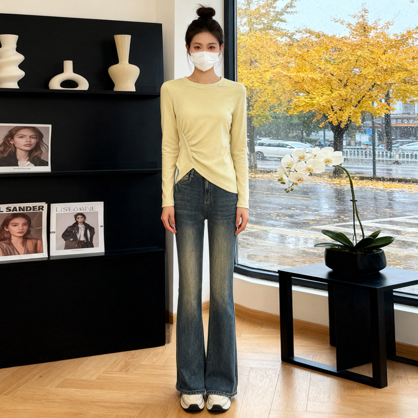 女春新款时尚减龄套装宽松显瘦圆领不规则褶皱上牛仔长裤两件套