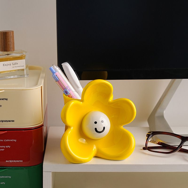 贝汉美花朵笑脸陶瓷笔筒摆件办公室桌面收纳装饰品送闺蜜生日礼物