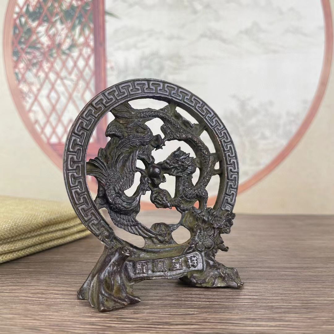 古玩旧货收藏古代新婚居家装饰龙凤呈祥婚房摆件复古实心老铜器