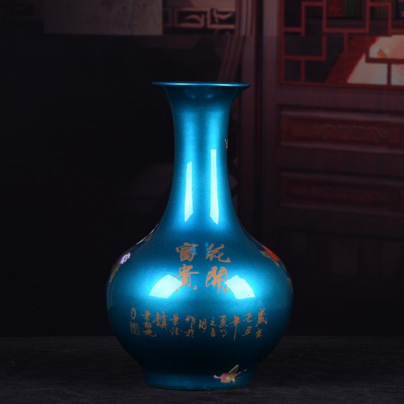 景德镇陶瓷花瓶蓝色花开富贵牡丹赏瓶 水晶釉装饰工艺品