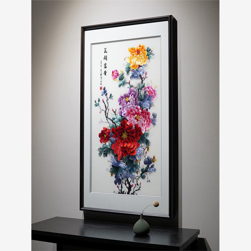 苏绣成品挂画玄关客厅竖版牡丹图新中式苏州纯手工刺绣湘绣装饰画图片