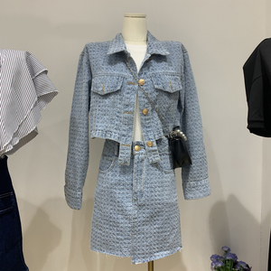 韩国东大门春季新款破洞设计浅蓝Polo领牛仔外套+A字显瘦半裙套装