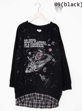 scolar丝柯乐字母宇宙飞船印花拼接格子下摆长袖中长T恤裙 163372