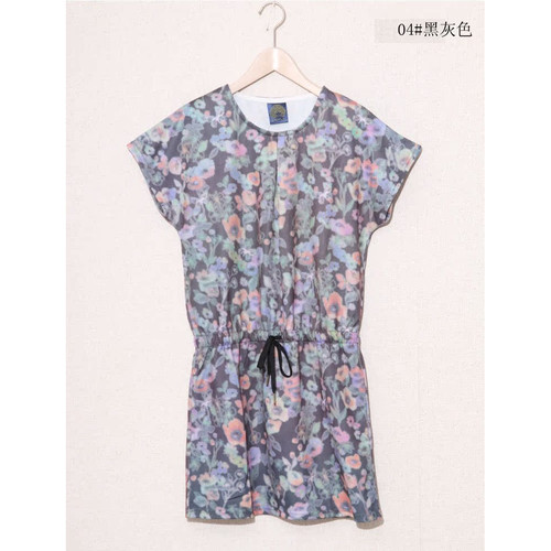 scolar丝柯乐 花朵印花腰系带短袖圆领连衣裙  543016
