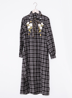 scolar/印花系带格子长款衬衫裙 573148
