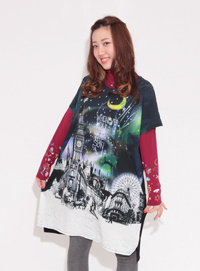 scolar 丝柯乐城堡图案印花中长款短袖T连衣裙 153608