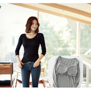 秋冬新款莫代尔纯棉带胸垫长袖T恤打底衫女瑜伽文胸罩杯一体外穿