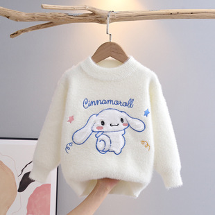女童毛衣秋冬套头针织仿水貂绒圆领玉桂狗字母圆领线衣中小童童装